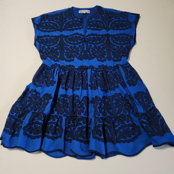 Zara Blue Mini Dress with Black Intricate Embroidery,  Size S - Picture 2 of 10